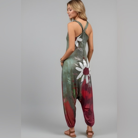 Boho Floral Print Tie Shoulder Drop Crotch Jumpsuit - Picture 4 of 6
